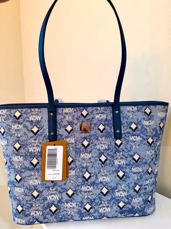 MCM Handbags - MCM Aren Light Blue Logo Monogram Tote with Blue Trim NWT